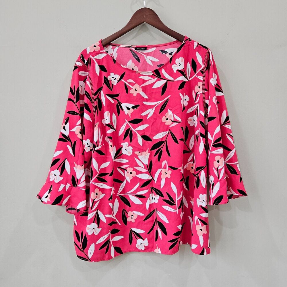 Talbots Womens Floral Lace Blouse Petite Pink Black Bell Sleeve Colorful Casual